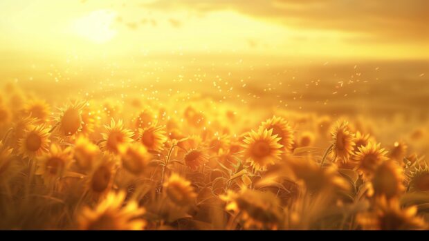 Field of sunflowers with golden light, Sunset 1080p Wallpaper.