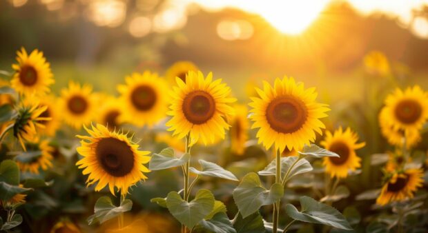 Field of sunflowers with golden light, Sunset Desktop Wallpaper.