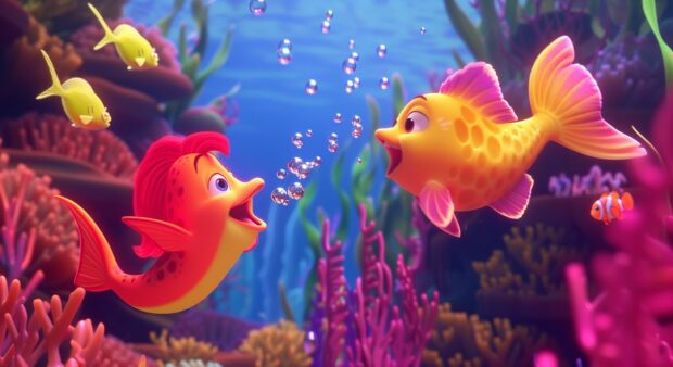 Flounder and Sebastian performing a lively musical number with underwater creatures.