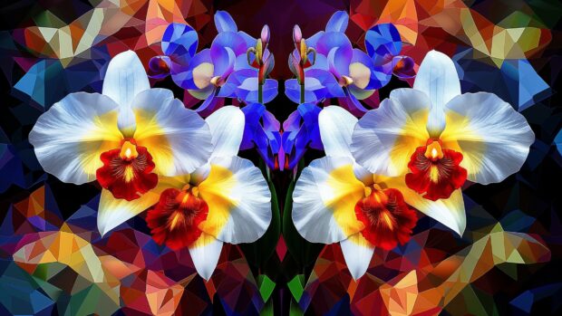 Free Abstract floral symmetry, geometric patterns, bright hues HD wallpaper.