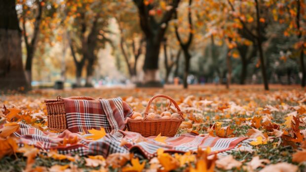 Free Cool image for wallpaper with a cozy picnic setup in a park during autumn, and vibrant leaves around.