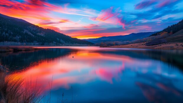 Free Download Bing Daily Wallpaper, sunset over a tranquil mountain lake, colorful reflections on the water.