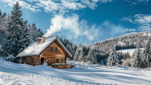 Free Download Country Wallpaper 4K with a snow covered landscape with a cozy log cabin and smoke rising from the chimney on a frosty morning.