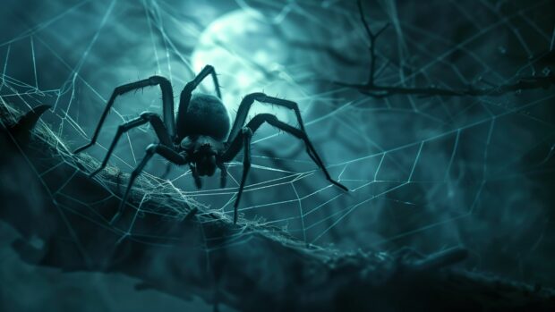 Free Download Halloween Desktop Background with creepy spider crawling across a tattered cobweb in the moonlight.