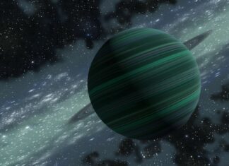 Free Outer Space background with a detailed depiction of a distant exoplanet with rings, set against a starry outer space background.