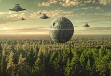 Free Star Wars desktop wallpaper with a panoramic view of the forest moon of Endor, with the Death Star looming in the sky and Imperial shuttles flying above.