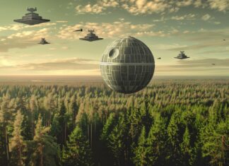 Free Star Wars desktop wallpaper with a panoramic view of the forest moon of Endor, with the Death Star looming in the sky and Imperial shuttles flying above.