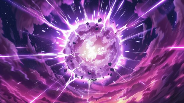 Free anime Space 4K desktop background with an epic anime scene of a supernova explosion, with vibrant colors and cosmic energy radiating through space.