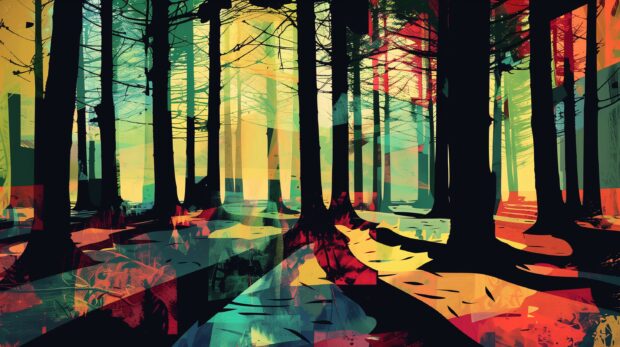 Free download 4K Abstract forest landscape, surreal colors and shapes.