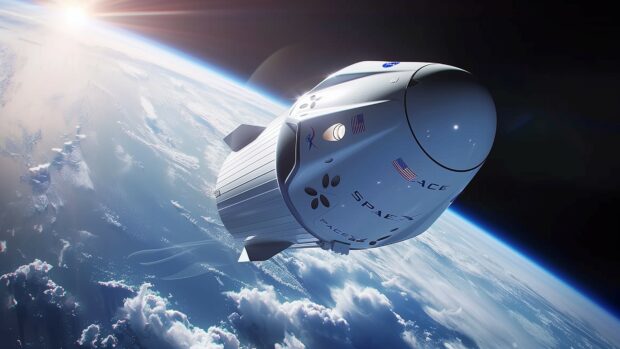 Free download 4K wallpaper with a SpaceX Starship prototype soaring through the atmosphere during a test flight, with clouds and the curvature of Earth in the background.