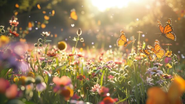 Free download Aesthetic Nature Desktop Wallpaper with Serene meadow with blooming wildflowers, gentle breeze, butterflies fluttering, warm sunlight.