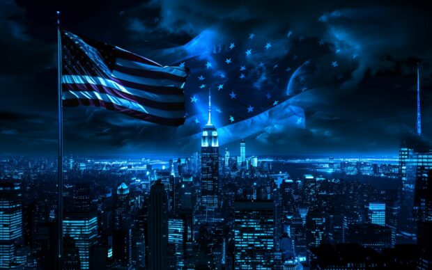Free download American flag over a cityscape.