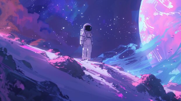Free download Anime Space background HD with an anime astronaut exploring a distant planet, with vibrant alien landscapes and a star filled sky.