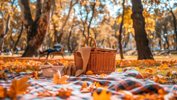 Free download Autumn Desktop Wallpaper, A cozy picnic setup in a park during autumn, with a blanket, and vibrant leaves around.