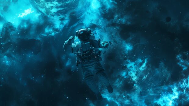 Free download Blue Space 1080p background with a panoramic view of an astronaut floating in deep blue space, with Earth and distant stars in the background.