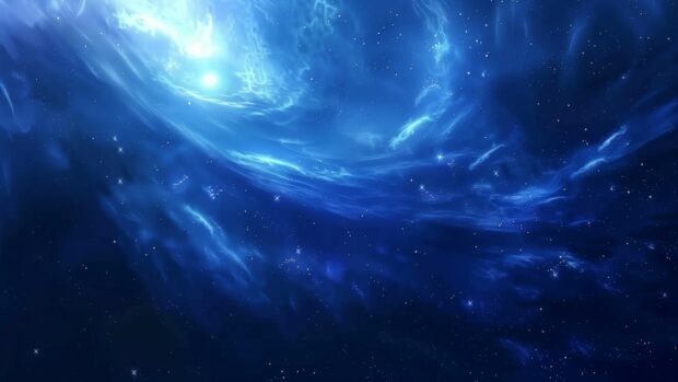 Free download Blue Space HD background with a serene blue nebula swirling in space, with stars scattered throughout the vibrant, deep blue background.