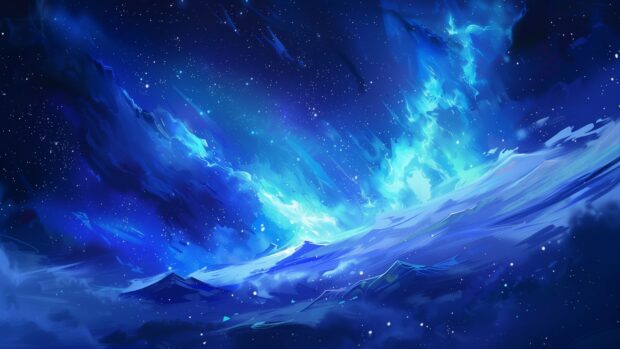 Free download Blue Space background with a vibrant depiction of a blue aurora dancing over a distant planet, with the starry sky creating a magical effect.
