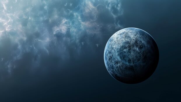 Free download Blue Space desktop background with a stunning image of a blue dwarf planet with icy surface features, set against the dark blue expanse of space.