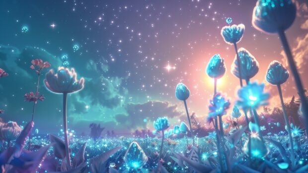 Free download Cool Space desktop background 1080p with a stunning view of an alien world with bioluminescent plants and a starry sky in the background.