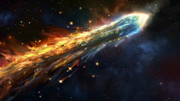Free download Cool space background with a colorful comet with its tail streaking across the night sky wallpaper.