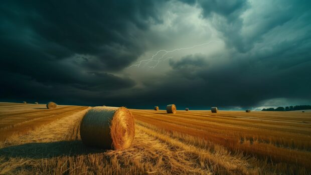 Free download Country Background with a rural landscape with golden hay bales scattered across a vast field under a dramatic sky.