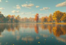 Free download Fall background 4K with a tranquil lake reflecting colorful fall foliage.