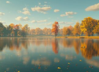 Free download Fall background 4K with a tranquil lake reflecting colorful fall foliage.