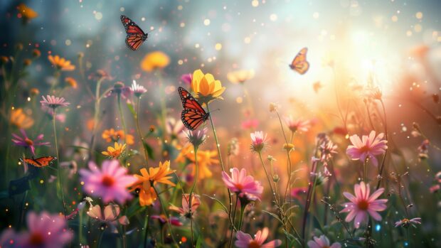 Free download Nature photo with Peaceful meadow with blooming wildflowers, butterflies fluttering, warm sunlight.