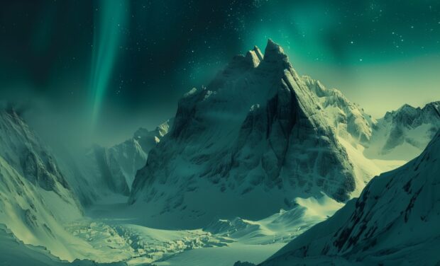 Free download Northern Lights Desktop Wallpaper illuminating a snowy mountain range.