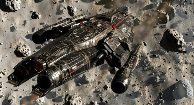 Free download Sci fi Backgrounds with A high tech spaceship navigating through a field of asteroids.