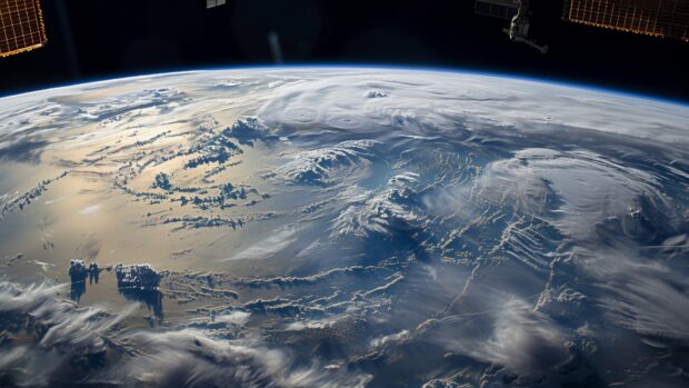 Free download Space Wallpaper HD with A high resolution image of Earth from space, with detailed cloud formations and continents visible.