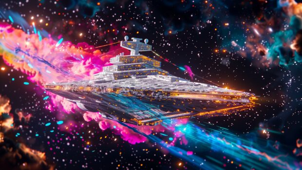 Free download Star Wars 4K space background with an epic scene of a Star Destroyer emerging from hyperspace, with stars and the colorful trails of its jump in the background.