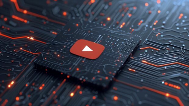 Free download YouTube wallpaper HD with a tech inspired design, incorporating circuit patterns and digital elements.