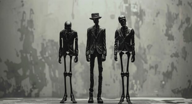 Funny Halloween Wallpaper HD with modern skeleton figures in monochrome against a textured background.