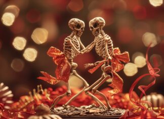 Funny Halloween Wallpaper of skeletons dancing with festive ribbons and bows.