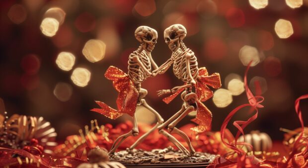 Funny Halloween Wallpaper of skeletons dancing with festive ribbons and bows.