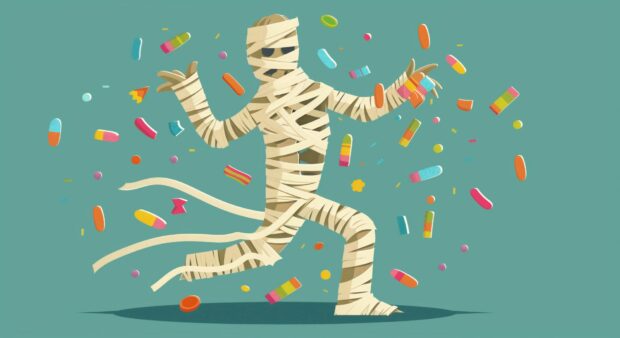Funny Halloween Wallpaper with a mischievous mummy unraveling its bandages while chasing after candy.