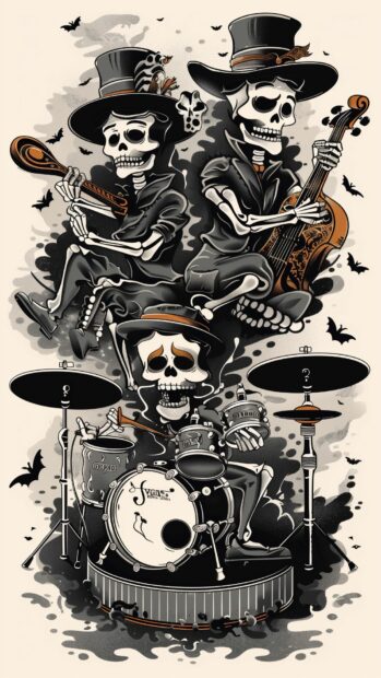 Funny Halloween Wallpaper with an adorable skeletons playing musical instruments in a spooky band.