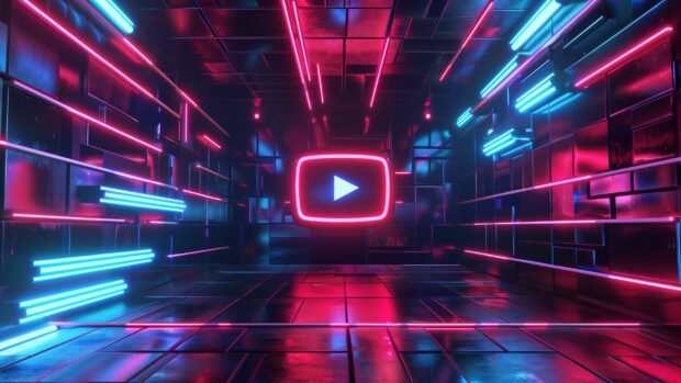 Futuristic YouTube logo HD wallpapper featuring digital effects and neon accents.