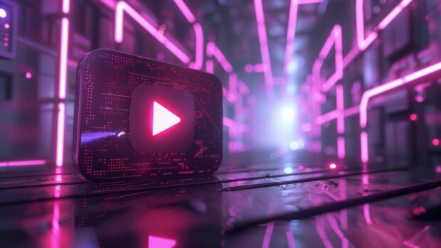 Futuristic YouTube logo background featuring digital effects and neon accents.