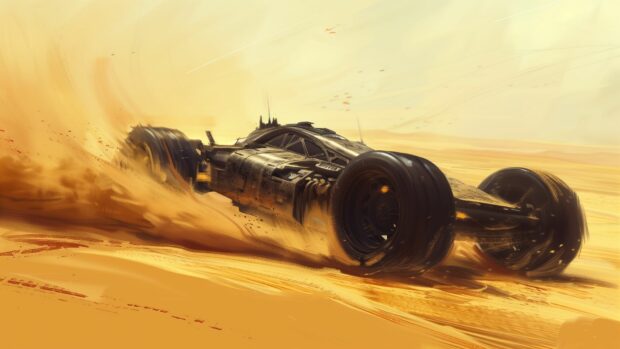 Futuristic vehicle speeding through a cool desert landscape wallpaper for laptop.