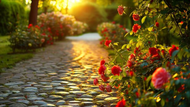 Garden with blooming roses and a cobblestone path, Sunset Wallpaper 1920x1080.