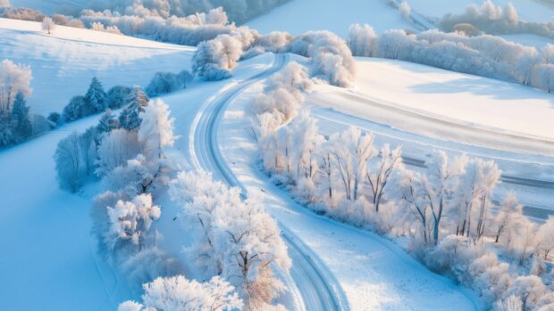 Get Country Wallpaper 4K with a snowy country road winding through a winter landscape with snow covered trees and fields.