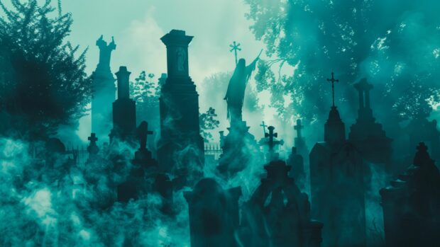 Ghostly Halloween apparitions floating through a misty cemetery.