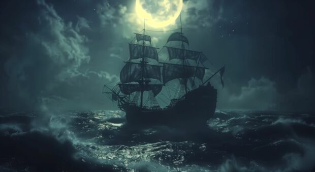 Ghostly Halloween pirate ship sailing through a stormy sea under moonlight.