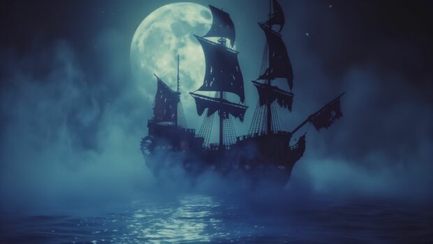 Ghostly Halloween pirate ship sailing through a stormy sea under moonlight, Halloween Desktop Background Free download.