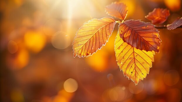 Golden autumn leaves illuminated by soft sunlight.