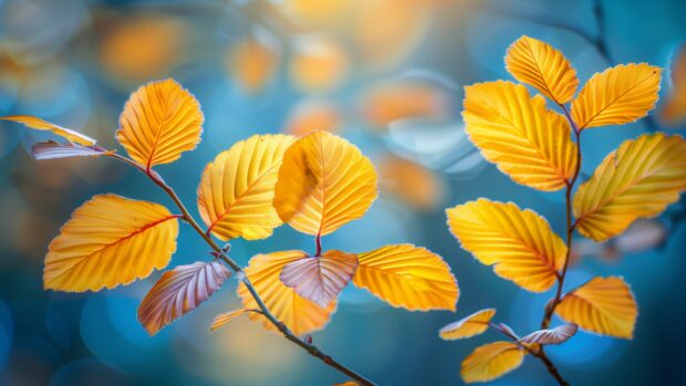 Golden autumn leaves illuminated by soft sunlight.