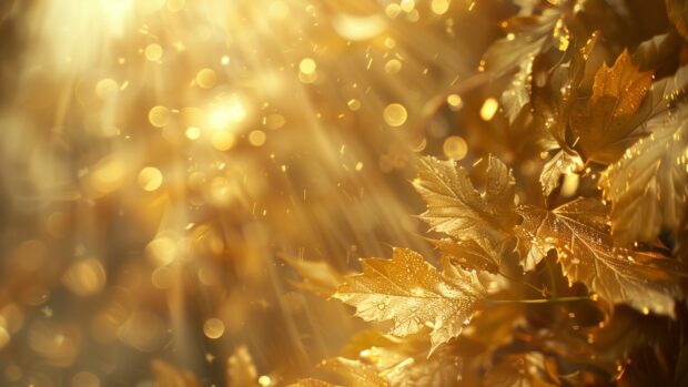 Golden autumn leaves wallpaper HD illuminated by soft sunlight.