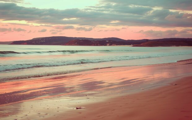 Golden beach with vibrant sky and gentle waves, Pink Sunset Background HD.
